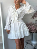 Girlary Ruffled V-Neck White Mini Dress Female Patchwork Long Sleeve Elegant Bandage Fashion Dress High Waist Lace-Up Women Dress