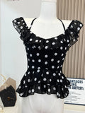 Girlary Summer 2024 New Design Women Polka Dot Butterfly Sleeve T-Shirts American Style Sexy Quality Halter Top Daily Cozy Gyaru Tees