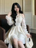 Girlary Off-shoulder Halterneck Ruffles Mini Dress Women Autumn Solid Fairycore Long Sleeve A-line Pleated Vestidos Elegant French Mujer