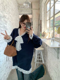 Girlary Knitted Sweater Women Lace Patchwork Bow V Neck Autumn Winter Pullover Long Sleeve Fashion Loose Stretch Female Jumper