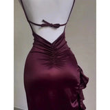 Girlary Women Sexy Satin Bodycon Long Dress Vintage Backless Strapless Ruffles Fork Party Club Elegant Evening Dresses Female Vestidos