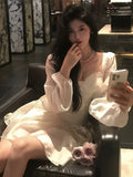 Girlary Elegant Lace Patchwork Mini Dress for Women Square Collar Long Sleeves Princess Birthday Evening Dresses A-Line Short Vestidos