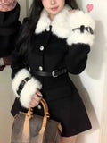 Girlary Winter Sexy Y2k Fluffy Two Piece Set Women French Elegant Chic Shorts Suit Female Black Retro Coat + High Waist Mini Pants 2024