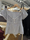 Girlary Lace Three-button Plaid Puff Sleeve Short Sleeve T-shirt Women's Summer Sweet Preppy Style Slim Shirt V-neck Short Tops Y2k