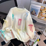 Girlary Korean Fashion Loose Bow Pink Sweater Women Autumn Winter Long Lazy Style Luxurious Gentle Knitted Pullover Top