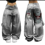 Girlary American Fashion Trend Joker Pattern Embroidered Loose Jeans Women Street Y2K New Hip Hop Oversized Wide-leg Pants Unisex Jeans