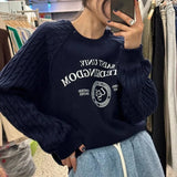 Girlary Korean Chic Letter Print Hoodies For Women Casual Patchwork Design Round Neck Pullovers Loose Sweatshirts