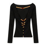 Girlary Off Shoulder Blackless T Shirts Women Sexy Coquette Aesthetic Crop Tops Wooden Beaded Solid Long Sleeve Tees 2024 New