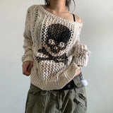 Girlary Harajuku Grunge Y2K Aesthetics Retro Jumpers Skeleton Print Hollow Out Knitted Sweater Autumn Full Sleeve Pullovers Korean