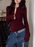 Girlary Autumn Wine Red Button Up Y2k T-shirt Women Winter Chic Long Sleeve Slim Fit Tops Korean 2024 Streetwear Solid Basic Casual Tees