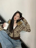 Girlary cute winter outfits Korean Retro Fur Collar Leopard Print Hooded Knit Cardigan Women's Y2K Autumn And Winter New Harajuku Niche Casual Joker Coat