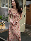 Girlary French Vintage Floral Printed Midi Dresses for Women Summer Puff Sleeve Square Collar Slim Party Dress Casual One Piece Vestido