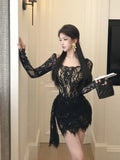 Girlary Sexy Long Sleeve Lace Corset Draped Mini Dress Women Black Square Collar Backless Ruched Bodycon Dresses Party