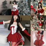 Girlary Japan Christmas Outfit For Women Sexy New Year Halloween Holiday Dresses Bunny Cosplay Velvet Red Dress Santa Party Performance