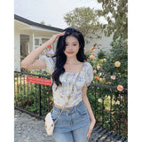 Girlary Korean Version of Square Neckline Floral Bubble Sleeve Shirt for Women's Spring 2024 New Style Versatile Lace Up Slim Fit Top