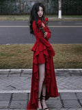 Girlary Spring Red Vintage Elegant Dress Women Flare Sleeve Designer Sweet Long Dress Female Ruffles Retro Princess Irregular Dress