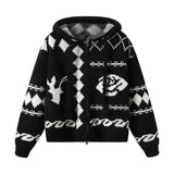 Girlary Winter Korean Fashion Loose Knitting Top Women High Street Long Sleeve Print Hooded Sweater Chic Casual Thin Knit Cardigan New