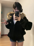 Girlary Women Black Zip Up Hoodies Vintage Korean Preppy Style Faux Fur Coat Oversized Casual Sweatshirt Harajuku Autumn Winter