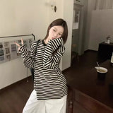 Girlary New Korean Style Fashionable Casual Loose Lazy Striped T-shirt Round Neck Striped Early Autumn Top for Women Clothes