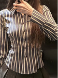 Girlary Autumn American Style Polo Collar Single Breasted Long Sleeve Striped Shirt Women Cinching Waist Slim Casual Top