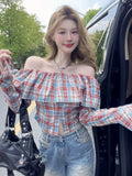 Girlary Blouses Retro Contrasting Plaid One Shoulder Long Sleeved Shirt Women Autumn Ruffles Stylish Versatile Streetwear Fashion Top