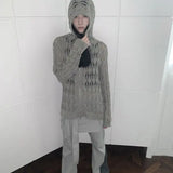 Girlary Harajuku Zip Up Hooded Cardigan Women Japanese Y2k Style Hollow Crop Sweater Vintage Gray Thin Knitted Long Sleev Tops