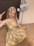 Girlary Streetwear Yellow Palid A-Line Dress Design Sleeveless Fairy Dress Vintage Classical Plaid Prom Gown Fashion Office Lady