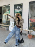 Girlary cute winter outfits Korean Retro Fur Collar Leopard Print Hooded Knit Cardigan Women's Y2K Autumn And Winter New Harajuku Niche Casual Joker Coat