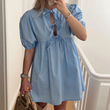 Girlary Female Solid Color Bubble Sleeve Mini Dress Sexy O-neck Hollow Out Lace-up Dress Summer Casual High Street Big Hem Loose Dresses