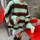 Girlary Women's Clothing Korean Stripe Knitting Sweater Round Neck  Long Sleeves Vintage Casual Fashion Baggy Ladies Tops Autumn