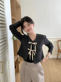 Girlary V Neck Lace Up Bow Cardigans Femme Gentle Y2k Sweater Spring New Womens Clothing Full Sleeve Crop Knitwears Tops