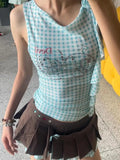 Girlary Blue Plaid Tank Tops Female Sleeveless Tshirts Women Mesh Tops Summer Y2k See Through Tanks 2000s Japanese