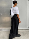 Girlary 2024 Summer Autumn Women Casual Bodycon Solid Black Satin Skirts High Waist Pencil Slim Maxi Skirt For Women