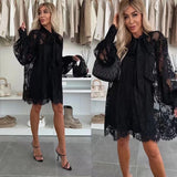 Girlary Elegant Perspective Lace Embroidered Loose Dress Women Sexy Bow Lace-Up Chiffon Short Dress Casual Lantern Sleeve Party Dresses