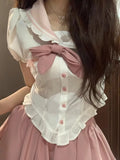 Girlary Sweet Rabbit Ear Sailor Collar Puff Sleeve Shirts Women+ Y2k Slim Waist Ruched Pink Skirts Summer Oversize Two Piece Sets