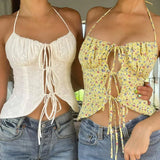 Girlary Boho Vintage Floral Print Camisole Y2K Aesthetic Fairycore Hollow Out Lace Up Backless Halter Crop Top Women Vest