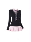 Girlary Women Kpop Mini Black Pink Preppy Style Long Sleeve Shirts Dress With Tie Gyaru 2000s Aesthetic Japanese Y2k Girl One-Piece New