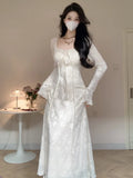 Girlary Spring Elegant Solid Party Long Dresses for Women Casual Lace Up A-line Prom Robe Mujer New Long Sleeve Clothes