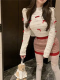 Girlary Sexy Mature Girls Red Bow Slim White Sweater Women's Autumn Design Hollow Knitted Sweaters Retro Plaid A Line Mini Skirt Sets