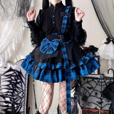 Girlary Victorian Gothic Lolita Plaid Bow Suspender Skirt Women Chic Love Button A-Line Mini Skirts Cute Girl Punk Style Y2k Party Skirt