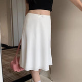 Girlary Elegant White Women Satin Skirt Fairycore Ruffle Mid Skirts Coquette A-line Basic Casual Korean Style Summer Silk Skirt