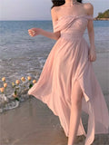 Girlary France Elegant Backless Chiffon Beach Dresses Korean Chic A-line Pink Fairy Dress Summer Casual Vocation Party Club Vestidos