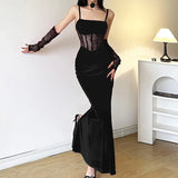 Girlary party look snspos 2024 Dark Velvet Y2k Ruched Elegant Corset Dresses Gothic Lace Patches Sheer Sling Party Dress Red Black Ladies Backless Clothes