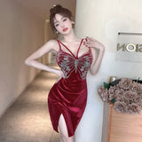 Girlary Dresses Women Sleeveless Velvet Patchwork Butterfly Backless Slim Split Dress Sexy Elegant Party