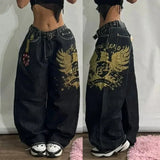 Girlary Y2K Vintage 90s Fashion Wing Pattern Baggy Jeans Women's New Harajuku Gothic High Waist Wide Leg Wide Trousers