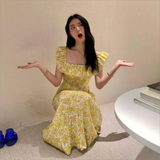 Girlary 2024 Vintage Floral Midi Dress Women Sweet Print Square Neck A Line Dresses Korean Vacation Yellow Flying Sleeves Slim dress