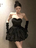 Girlary Sexy Black Velvet Womens Dresses Y2K Strapless Birthday Party Mini Dress Korean Slim Waist A-Line Short Vestidos Female Clothing