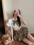 Girlary 2024 Casual Preppy 2 Piece Set Women French Bow Polo-neck White Blouse + Retro Plaid Design A-line Mini Skirts Japanese Style