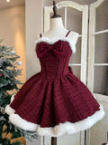 Girlary Christmas New Year 3 Piece Set Sweet Lolita Style Dress Sets Womens Elegant Chic Bow Plush Shawl Short Jackets Mini Skirts Suit