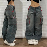 Girlary Y2K Harajuku Fashion New Stitching Heavy Industry Multi-pocket Baggy Jeans Women Street Pop Gothic High Waist Wide Leg Trousers